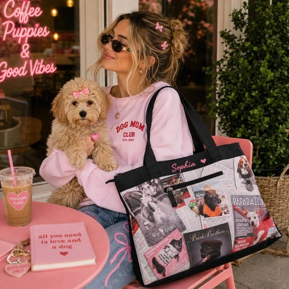 Paparazzi Pup Just Depaws Dog Magazine Print Tote Bag Y2K Novelty Black Large